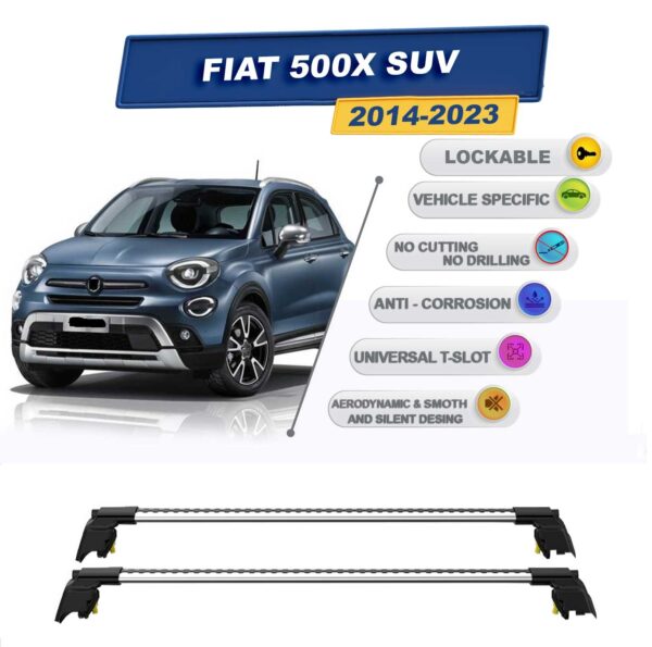 Fiat 500X SUV 2014-2023 ile Uyumlu, Entegre Tavan Çıtası için Kilitlenebilir Ara Atkı Taşıyıcı Tavan Barları / 2 adet Gri