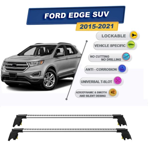 Ford Edge SUV 2015-2021 ile Uyumlu, Entegre Tavan Çıtası için Kilitlenebilir Ara Atkı Taşıyıcı Tavan Barları / 2 adet Gri