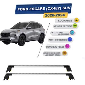 Ford Escape (CX482) SUV 2020-2024 ile Uyumlu, Entegre Tavan Çıtası için Kilitlenebilir Ara Atkı Taşıyıcı Tavan Barları / 2 adet Gri