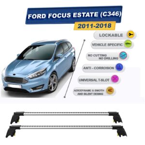 Ford Focus Stationwagon (C346) 2011-2018 ile Uyumlu, Entegre Tavan Çıtası için Kilitlenebilir Ara Atkı Taşıyıcı Tavan Barları / 2 adet Gri
