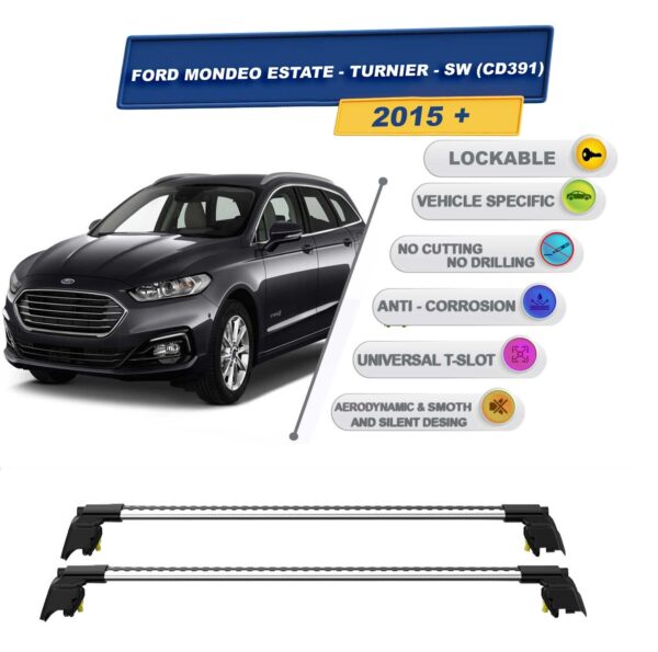 Ford Mondeo Turnier - Stationwagon (CD391) 2015 Sonrası ile Uyumlu, Entegre Tavan Çıtası için Kilitlenebilir Ara Atkı Taşıyıcı Tavan Barları / 2 adet Gri