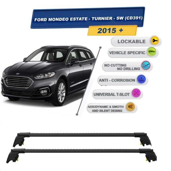 Ford Mondeo Turnier Stationwagon (CD391) 2015 Sonrası ile Uyumlu, Entegre Tavan Çıtası için Kilitlenebilir Ara Atkı Taşıyıcı Tavan Barları / 2 adet Siyah