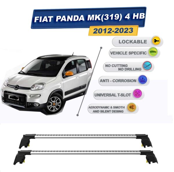 Fiat Panda MK4 (319) Hatchback 2012-2023 ile Uyumlu, Entegre Tavan Çıtası için Kilitlenebilir Ara Atkı Taşıyıcı Tavan Barları / 2 adet Gri