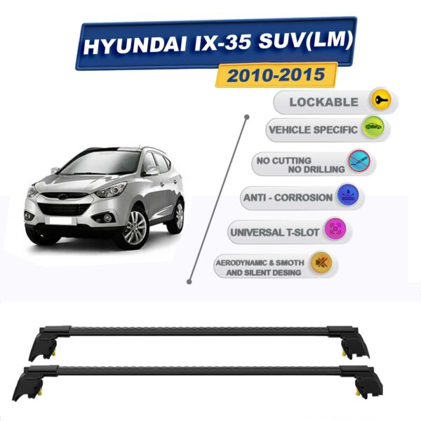 Hyundai İX-35 SUV (LM) 2010-2015 ile Uyumlu, Entegre Tavan Çıtası için Kilitlenebilir Ara Atkı Taşıyıcı Tavan Barları / 2 adet Siyah