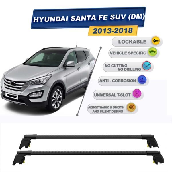 Hyundai Santa Fe SUV (DM) 2013-2018 ile Uyumlu, Entegre Tavan Çıtası için Kilitlenebilir Ara Atkı Taşıyıcı Tavan Barları / 2 adet Siyah