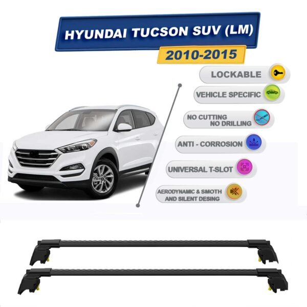 Hyundai Tucson SUV (LM) 2010-2015 ile Uyumlu, Entegre Tavan Çıtası için Kilitlenebilir Ara Atkı Taşıyıcı Tavan Barları / 2 adet Siyah