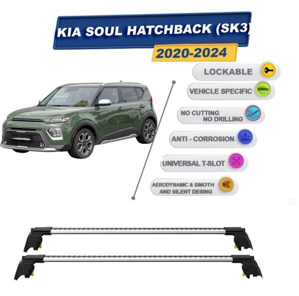 Kia Soul (SK3) 2020-2024 ile Uyumlu, Entegre Tavan Çıtası için Kilitlenebilir Ara Atkı Taşıyıcı Tavan Barları / 2 adet Gri