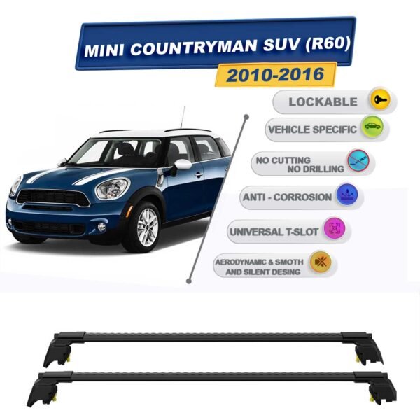 Mini Countryman SUV (R60) 2010-2016 ile Uyumlu, Entegre Tavan Çıtası için Kilitlenebilir Ara Atkı Taşıyıcı Tavan Barları / 2 adet Siyah