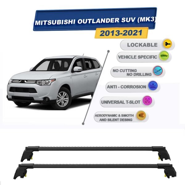 Mitsubishi Outlander SUV (MK3) 2013-2021 ile Uyumlu, Entegre Tavan Çıtası için Kilitlenebilir Ara Atkı Taşıyıcı Tavan Barları / 2 adet Siyah