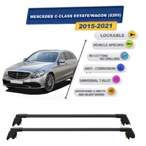 Mercedes C-Class Estate/Wagon (S205) 2015-2021 ile Uyumlu, Entegre Tavan Çıtası için Kilitlenebilir Ara Atkı Taşıyıcı Tavan Barları / 2 adet Siyah