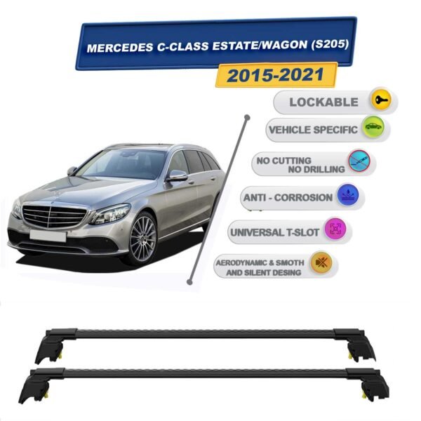 Mercedes C-Class Estate/Wagon (S205) 2015-2021 ile Uyumlu, Entegre Tavan Çıtası için Kilitlenebilir Ara Atkı Taşıyıcı Tavan Barları / 2 adet Siyah