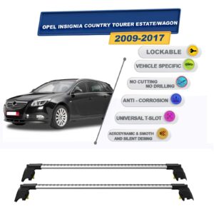 Opel Insignia Country Tourer Stationwagon 2009-2017 ile Uyumlu, Entegre Tavan Çıtası için Kilitlenebilir Ara Atkı Taşıyıcı Tavan Barları / 2 adet Gri