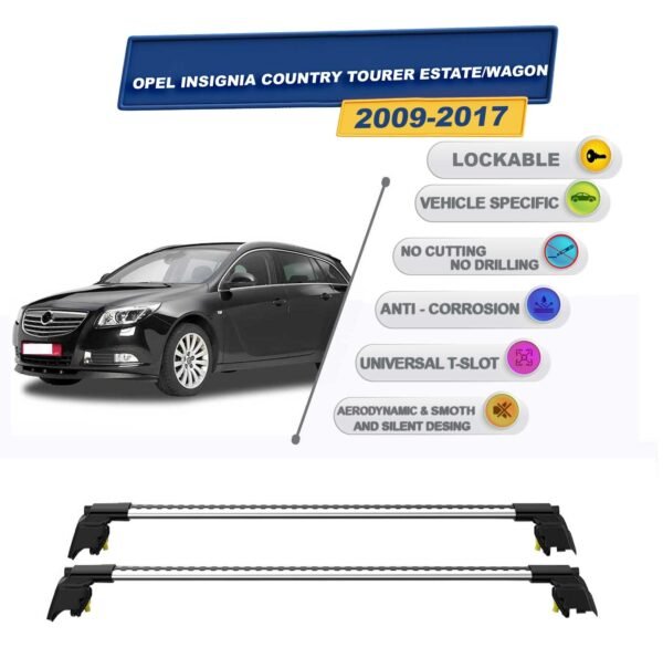 Opel Insignia Country Tourer Stationwagon 2009-2017 ile Uyumlu, Entegre Tavan Çıtası için Kilitlenebilir Ara Atkı Taşıyıcı Tavan Barları / 2 adet Gri