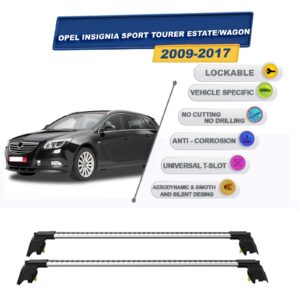 Opel Insignia Sport Tourer Stationwagon 2009-2017 ile Uyumlu, Entegre Tavan Çıtası için Kilitlenebilir Ara Atkı Taşıyıcı Tavan Barları / 2 adet Gri