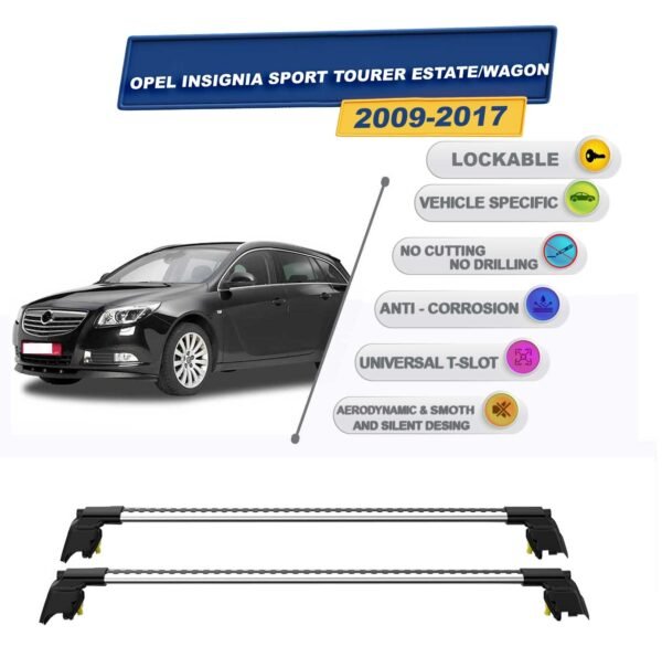 Opel Insignia Sport Tourer Stationwagon 2009-2017 ile Uyumlu, Entegre Tavan Çıtası için Kilitlenebilir Ara Atkı Taşıyıcı Tavan Barları / 2 adet Gri
