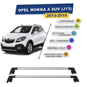 Opel Mokka A SUV (J13) 2013-2019 ile Uyumlu, Entegre Tavan Çıtası için Kilitlenebilir Ara Atkı Taşıyıcı Tavan Barları / 2 adet Gri