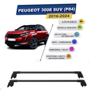 Peugeot 3008 SUV (P84) 2016-2024 ile Uyumlu, Entegre Tavan Çıtası için Kilitlenebilir Ara Atkı Taşıyıcı Tavan Barları / 2 adet Siyah