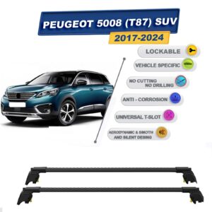 Peugeot 5008 SUV (T87) 2017-2024 ile Uyumlu, Entegre Tavan Çıtası için Kilitlenebilir Ara Atkı Taşıyıcı Tavan Barları / 2 adet Siyah