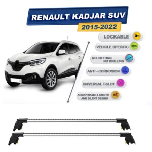 Renault Kadjar SUV 2015-2022 ile Uyumlu, Entegre Tavan Çıtası için Kilitlenebilir Ara Atkı Taşıyıcı Tavan Barları / 2 adet Gri