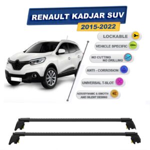Renault Kadjar SUV 2015-2022 ile Uyumlu, Entegre Tavan Çıtası için Kilitlenebilir Ara Atkı Taşıyıcı Tavan Barları / 2 adet Siyah