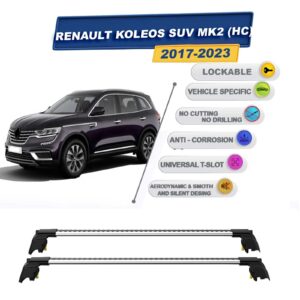 Renault Koleos SUV MK2 (HC) 2017-2023 ile Uyumlu, Entegre Tavan Çıtası için Kilitlenebilir Ara Atkı Taşıyıcı Tavan Barları / 2 adet Gri