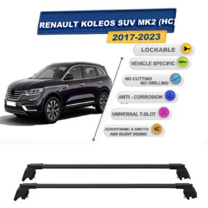 Renault Koleos SUV MK2 (HC) 2017-2023 ile Uyumlu, Entegre Tavan Çıtası için Kilitlenebilir Ara Atkı Taşıyıcı Tavan Barları / 2 adet Siyah