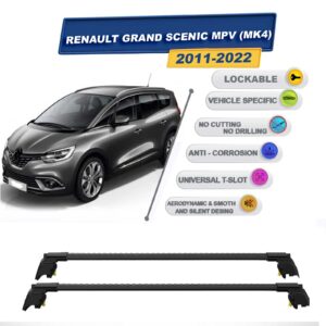 Renault Grand Scenic MPV (MK4) 2011-2022 ile Uyumlu, Entegre Tavan Çıtası için Kilitlenebilir Ara Atkı Taşıyıcı Tavan Barları / 2 adet Siyah
