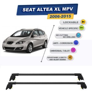 Seat Altea XL MPV 2006-2015 ile Uyumlu, Entegre Tavan Çıtası için Kilitlenebilir Ara Atkı Taşıyıcı Tavan Barları / 2 adet Siyah