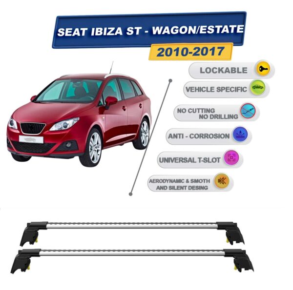 Seat Ibiza ST - Stationwagon 2010-2017 ile Uyumlu, Entegre Tavan Çıtası için Kilitlenebilir Ara Atkı Taşıyıcı Tavan Barları / 2 adet Gri