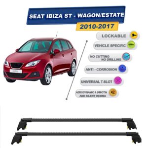 Seat Ibiza ST - Stationwagon 2010-2017 ile Uyumlu, Entegre Tavan Çıtası için Kilitlenebilir Ara Atkı Taşıyıcı Tavan Barları / 2 adet Siyah