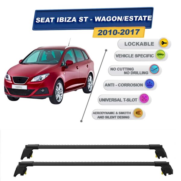 Seat Ibiza ST - Stationwagon 2010-2017 ile Uyumlu, Entegre Tavan Çıtası için Kilitlenebilir Ara Atkı Taşıyıcı Tavan Barları / 2 adet Siyah
