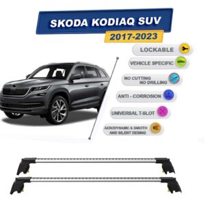 Skoda Kodiaq SUV 2017-2023 ile Uyumlu, Kilitlenebilir Ara Atkı Taşıyıcı Tavan Barları / 2 adet Gri