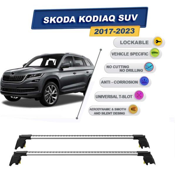 Skoda Kodiaq SUV 2017-2023 ile Uyumlu, Kilitlenebilir Ara Atkı Taşıyıcı Tavan Barları / 2 adet Gri