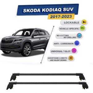 Skoda Kodiaq SUV 2017-2023 ile Uyumlu, Kilitlenebilir Ara Atkı Taşıyıcı Tavan Barları / 2 adet Siyah