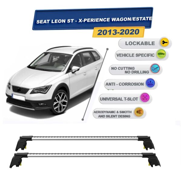 Seat Leon ST - X-Perience Stationwagon 2013-2020 ile Uyumlu, Entegre Tavan Çıtası için Kilitlenebilir Ara Atkı Taşıyıcı Tavan Barları / 2 adet Gri