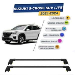 Suzuki S-Cross SUV (JYB) 2021-2024 ile Uyumlu, Entegre Tavan Çıtası için Kilitlenebilir Ara Atkı Taşıyıcı Tavan Barları / 2 adet Siyah