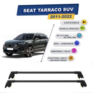 Seat Tarraco SUV 2018-2023 ile Uyumlu, Kilitlenebilir Ara Atkı Taşıyıcı Tavan Barları / 2 adet Siyah