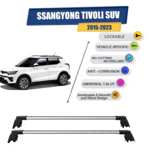 Ssangyong Tivoli SUV 2015-2023 ile Uyumlu, Entegre Tavan Çıtası için Kilitlenebilir Ara Atkı Taşıyıcı Tavan Barları / 2 adet Gri
