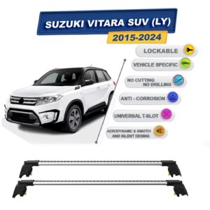 Suzuki Vitara SUV (LY) 2015-2024 ile Uyumlu, Entegre Tavan Çıtası için Kilitlenebilir Ara Atkı Taşıyıcı Tavan Barları / 2 adet Gri
