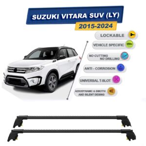 Suzuki Vitara SUV (LY) 2015-2024 ile Uyumlu, Entegre Tavan Çıtası için Kilitlenebilir Ara Atkı Taşıyıcı Tavan Barları / 2 adet Siyah