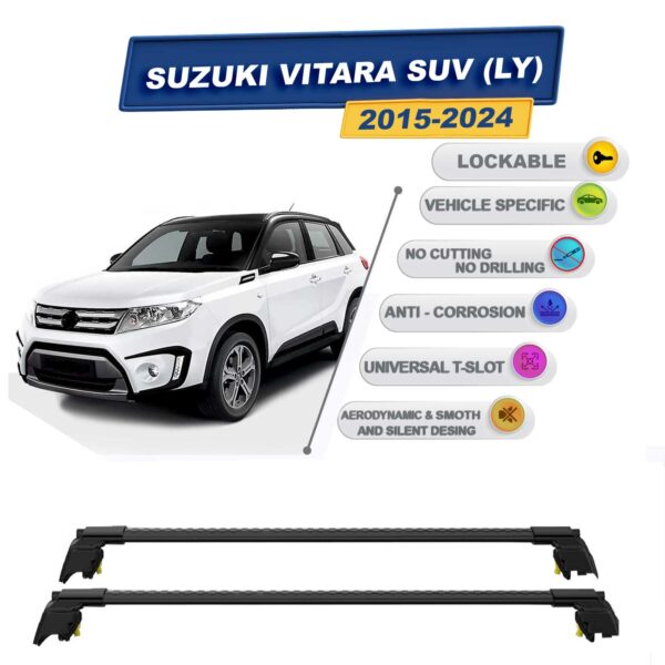 Suzuki Vitara SUV (LY) 2015-2024 ile Uyumlu, Entegre Tavan Çıtası için Kilitlenebilir Ara Atkı Taşıyıcı Tavan Barları / 2 adet Siyah