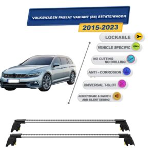 Volkswagen Passat Variant (B8) Estate/Wagon 2015-2023 ile Uyumlu, Entegre Tavan Çıtası için Kilitlenebilir Ara Atkı Taşıyıcı Tavan Barları / 2 adet Gri