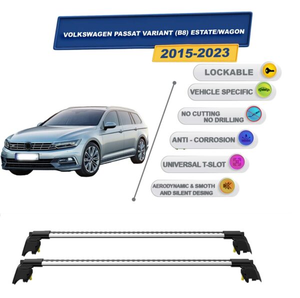 Volkswagen Passat Variant (B8) Estate/Wagon 2015-2023 ile Uyumlu, Entegre Tavan Çıtası için Kilitlenebilir Ara Atkı Taşıyıcı Tavan Barları / 2 adet Gri
