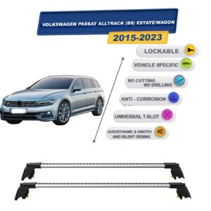 Volkswagen Passat Alltrack (B8) Estate/Wagon 2015-2023 ile Uyumlu, Entegre Tavan Çıtası için Kilitlenebilir Ara Atkı Taşıyıcı Tavan Barları / 2 adet Gri