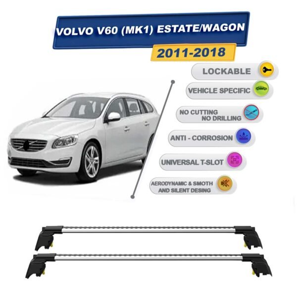 Volvo V60 (MK1) Estate/Wagon 2011-2018 ile Uyumlu, Entegre Tavan Çıtası için Kilitlenebilir Ara Atkı Taşıyıcı Tavan Barları / 2 adet Gri
