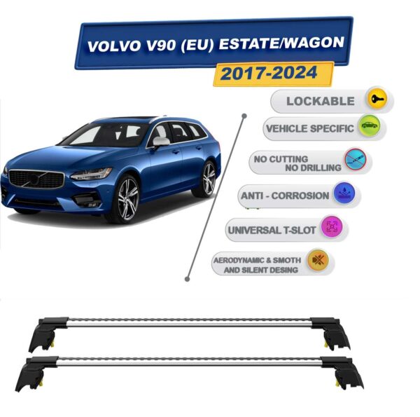 Volvo V90 Stationwagon 2017-2024 ile Uyumlu, Entegre Tavan Çıtası için Kilitlenebilir Ara Atkı Taşıyıcı Tavan Barları / 2 adet Gri