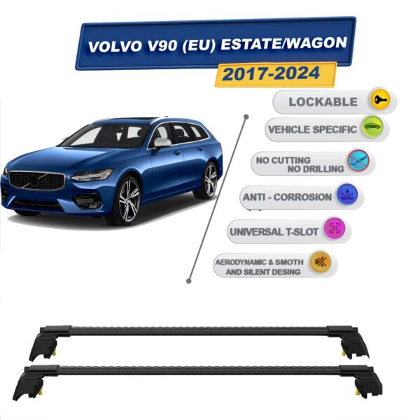Volvo V90 Stationwagon 2017-2024 ile Uyumlu, Entegre Tavan Çıtası için Kilitlenebilir Ara Atkı Taşıyıcı Tavan Barları / 2 adet Siyah