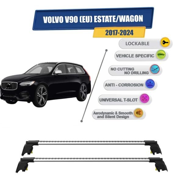 Volvo V90 Cross Country Wagon 2017-2024 ile Uyumlu, Entegre Tavan Çıtası için Kilitlenebilir Ara Atkı Taşıyıcı Tavan Barları / 2 adet Gri